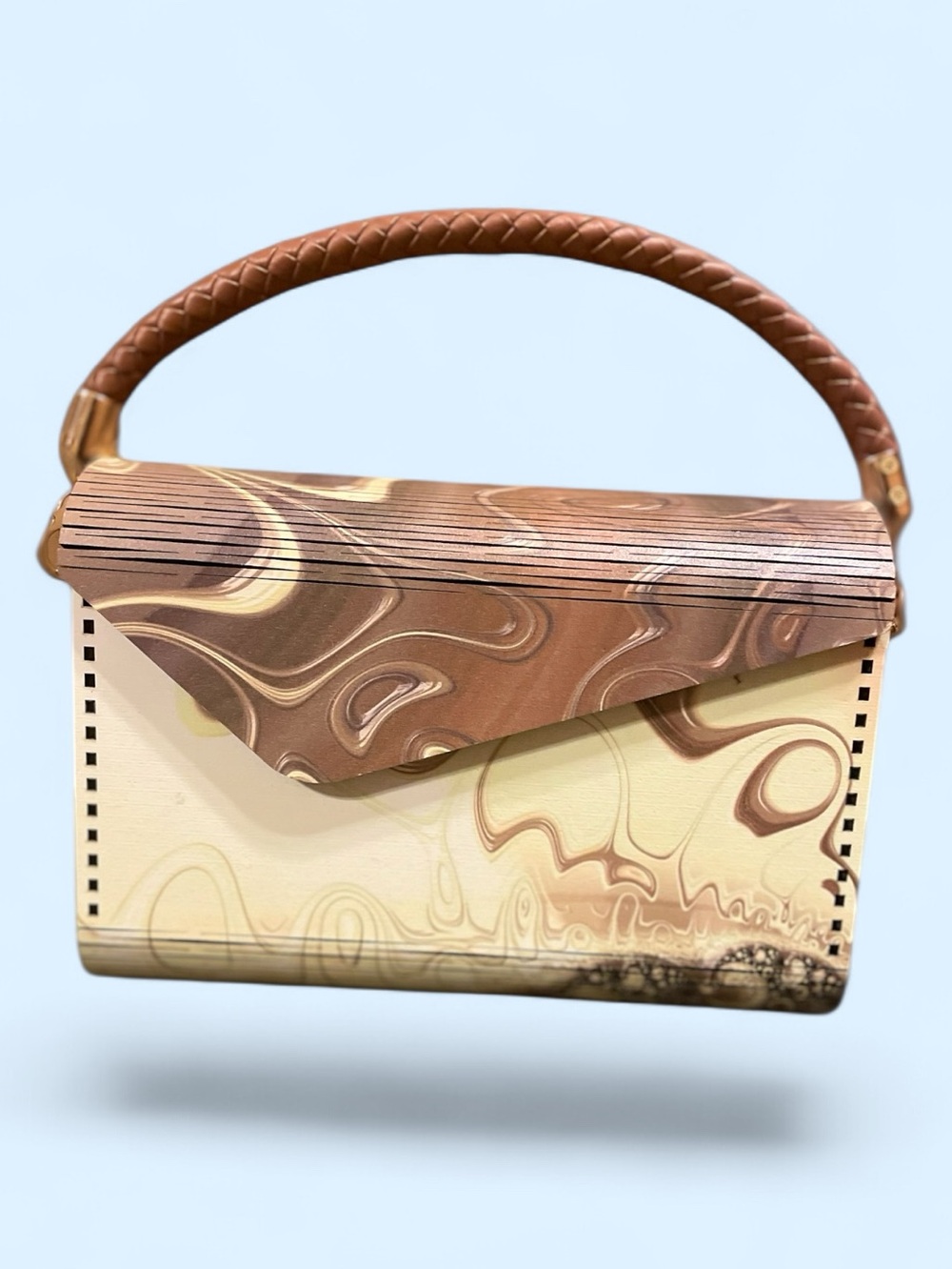 Marbled Brown & Cream Mini Top-Handle Wood Handmade Bag